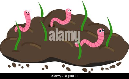 Small plant growing in the ground and Earthworm. Worm and young green plant. Vector illustration in flat style, isolated on a white background. Stock Vector