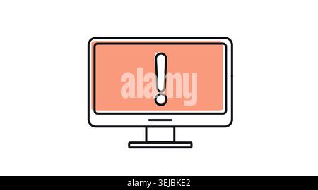 Desktop computer system alert icon: PC workstation with exclamation mark on screen, modern black line art with offset color fill vector for error and Stock Vector