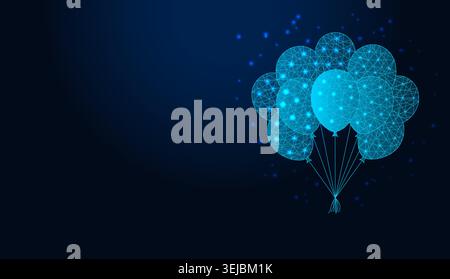 Low poly wireframe bunch of balloons on dark blue background. Stock Vector