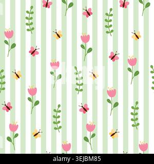 Seamless striped pattern with flowers Stock Vector