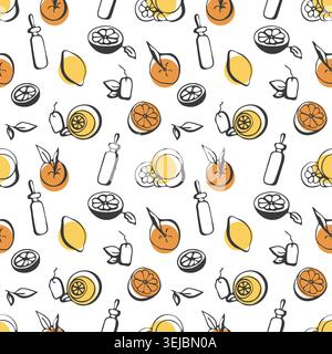 Citrus detox and vitamin c serum seamless pattern. Orange, lemon and cosmetic bottle vector background. Hand drawn line art texture with yellow and or Stock Vector