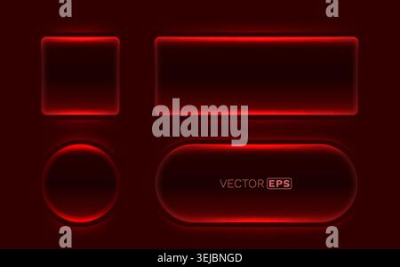 Red neon glowing frames and buttons set. Futuristic UI design elements with vibrant light effect. Vector illustration. Stock Vector