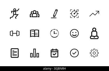 Modern black outline icon set featuring running activity, team users, pencil, analytics chart, growth arrow, meditation, reading book, target, check m Stock Vector