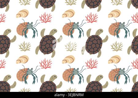 Cute Sea Turtle and Hermit Crab Seamless Pattern Vector illustration Stock Vector