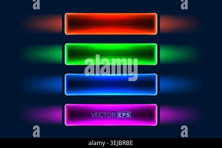 Vibrant neon rectangular buttons glowing on a dark background. A collection of modern light effect banners for design projects. Vector illustration Stock Vector