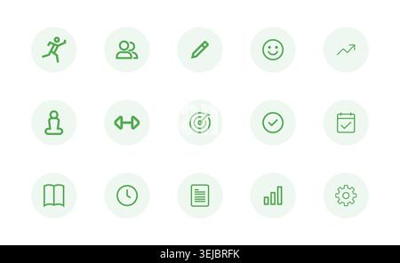 Minimal green wellness and productivity line icon set featuring meditation, people, pencil, smile, growth chart, fitness, target, checklist, calendar, Stock Vector