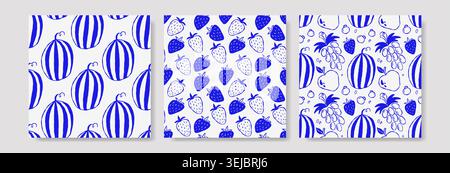 Three blue and white patterned panels show watermelons, strawberries, and mixed fruit designs. Patterns feature bold, stylized fruit silhouettes on cl Stock Vector