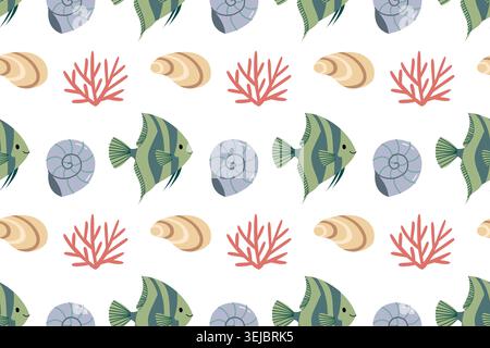 Cute Angelfish and Seashell Seamless Pattern Vector illustration Stock Vector