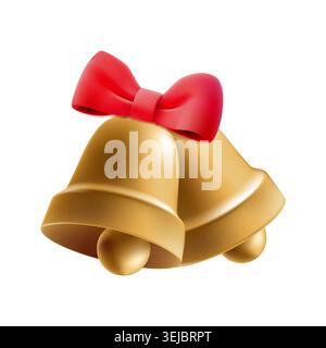 3D school bell icon, Christmas holly gold ring. Notification decor last reminder, wedding event holiday jingle alert. Glossy alarm float, isometric Stock Vector
