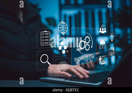 Workflow automation and business process management concept. process gears, AI, checklist, search, team, and analytics icons for business efficiency Stock Photo