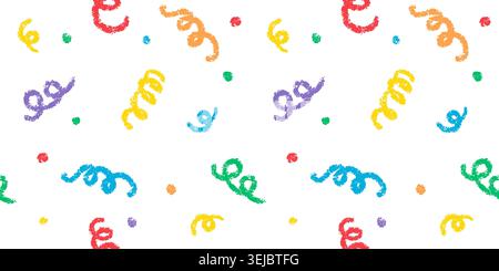 Doodle crayon confetti and streamers seamless pattern. Hand drawn celebration falling confetti. Party firecracker seamless texture. Popper bg. Chalk Stock Vector
