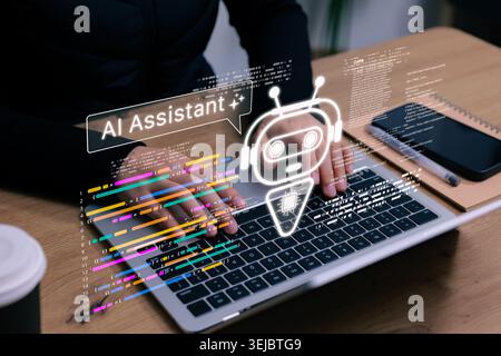 AI assistant coding automation and software development concept. Programmer using laptop with chatbot, programming code, data panels Stock Photo