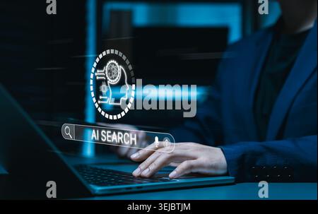 AI Search Engine Technology Concept. Woman use smartphone and laptop with AI search bar interface representing artificial intelligence search tech Stock Photo