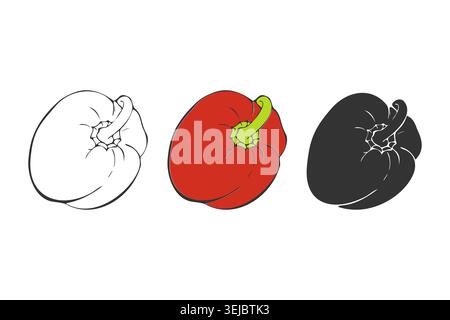 Red bell pepper graphic design set with contour, color and silhouette versions. Organic vegetable vector icon isolated on white for food menu, market Stock Vector