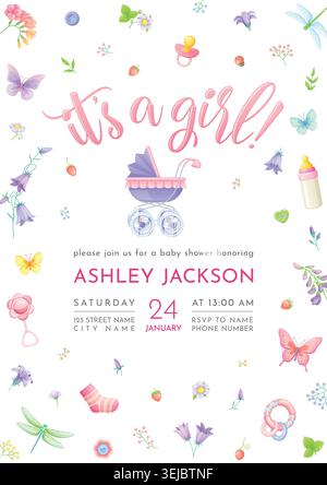 Cute girl baby shower invitation with a stroller, flowers and butterflies. Vector template on white background. Stock Vector
