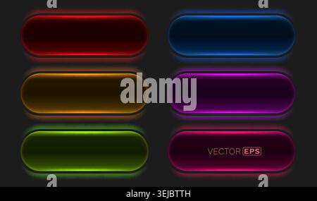Vibrant neon glowing buttons or empty frames on a dark background, ideal for modern UIUX design. Vector illustration. Stock Vector