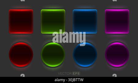 Vibrant glowing glass buttons set on a dark background, including various colorful square and circle shapes. Vector illustration Stock Vector