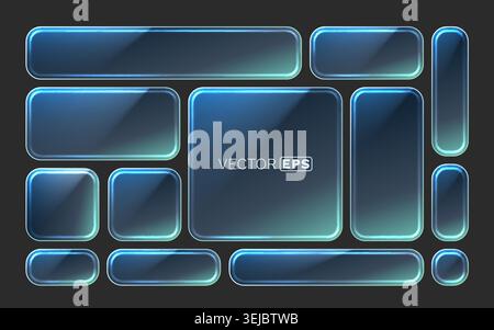 Modern Glossy Blue UI Elements Set. Futuristic glass buttons and panels for web and app design. Vector illustration. Stock Vector