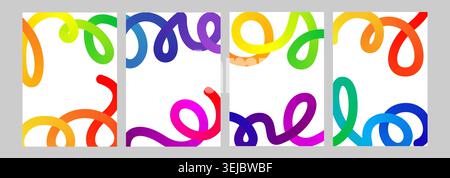Creative bold gradient stripe poster. Curved vivid color wavy line set. Bright bent ribbon twisted decoration, abstract curved swirl path, fun wavy Stock Vector