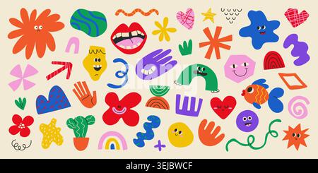 Funky naive art set. Doodle illustrations. Vector. Stock Vector