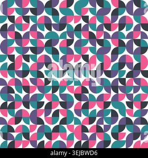 Color bauhaus style seamless pattern. Modern ornament with grid and tile geo squares, semicircles and half-circles. Abstract geometric retro Stock Vector
