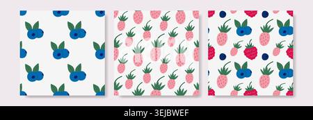 Three cute berry patterns with strawberries, blueberries, and raspberries. Each pattern has soft pastel colors on white background. Perfect for kids' Stock Vector