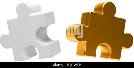 Two separated 3D puzzle pieces, jigsaw icon. White golden isolated vector. Business partnership concept, team challenge connects strategy. Parts build Stock Vector