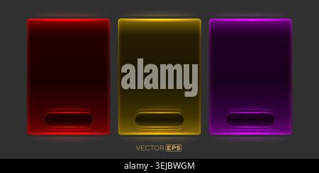 Three modern glowing neon panels with interactive buttons in red, gold, and purple. Abstract UI design element. Vector illustration. Stock Vector