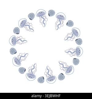 Cute Jellyfish and Seashell Round Frame Vector illustration Stock Vector