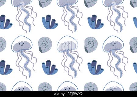 Cute Jellyfish and Seashell Seamless Pattern Vector Illustration Stock Vector