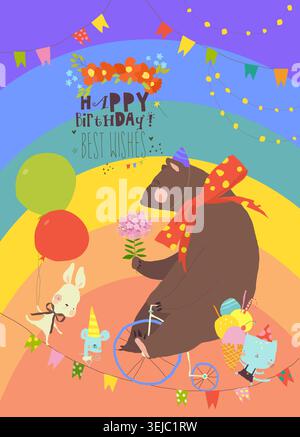 Cartoon Birthday card with Cute Bear riding Bicycle, Funny Cat , Rabbit and Mouse Stock Vector