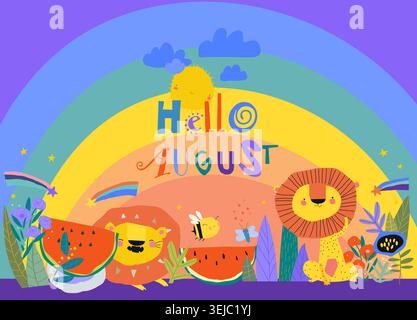 Cute Cartoon Lions With Watermelon in Flowers Frame Stock Vector