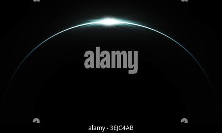 Curved cyan anamorphic lens flare with optical distortion and glowing horizontal arc on black background Stock Photo