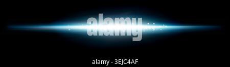 Cyan horizontal light streak with floating dust particles and magical glowing effect on black background Stock Photo