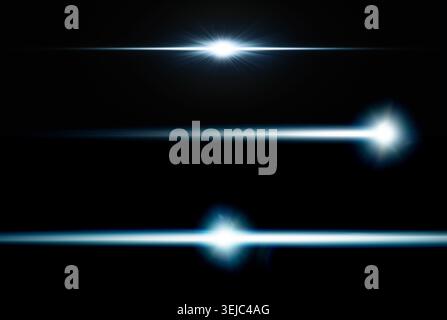 Set of three glowing cyan anamorphic lens flares and light streaks on black background Stock Photo