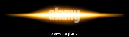 Golden horizontal light flare with glowing particles and abstract energy beam on black background Stock Photo