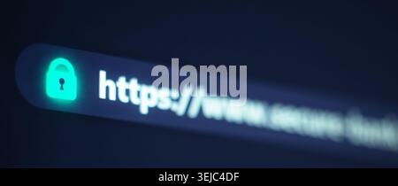 Close up of a web browser address bar displaying a glowing green padlock and secure https URL on a computer screen Stock Photo