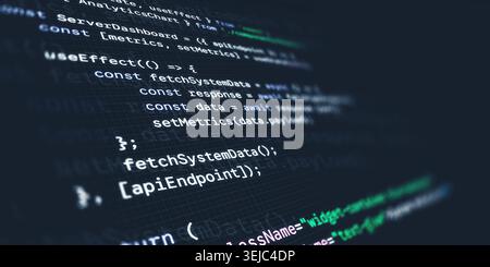 Close up of a computer screen displaying modern React JavaScript programming code with syntax highlighting Stock Photo