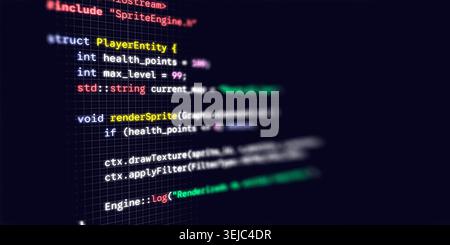 Macro photograph of a dark computer monitor displaying C plus plus game development code with colorful syntax highlighting Stock Photo