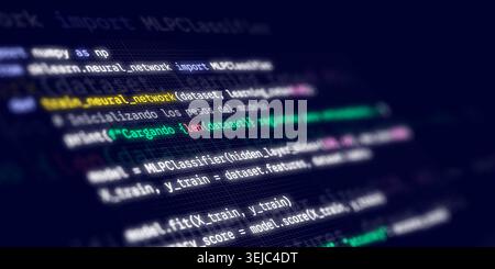 Close up of a computer screen showing Python machine learning code for a neural network using scikit learn Stock Photo