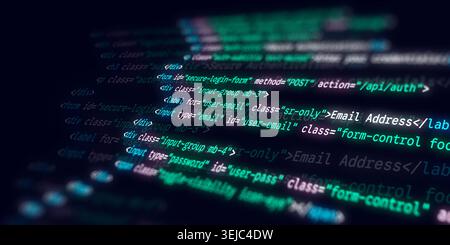 Glowing HTML code snippet of a secure login form with email and password input fields on a dark background Stock Photo
