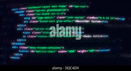 Abstract futuristic display of glowing programming code featuring neural network system and server status on a dark grid background Stock Photo