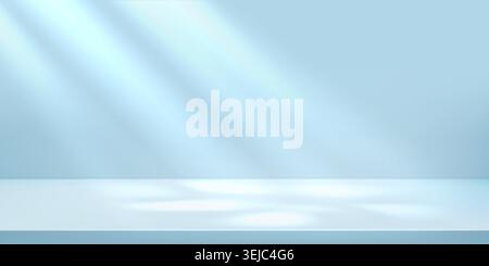 Blue studio background in light product limbo, grey 3d room. Gradient floor backdrop with white sun rays gobo, minimal wall stage. Soft shadow table Stock Vector