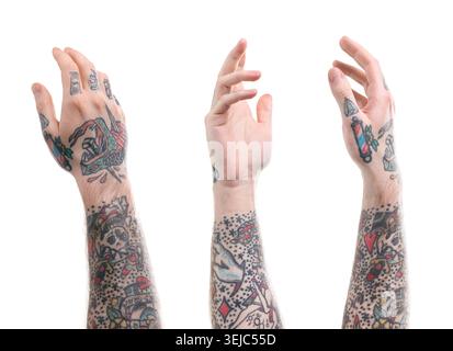 Man showing his tattooed hand on white background, set Stock Photo