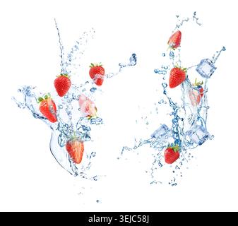 Fresh strawberries and water splashes in air on white background Stock Photo