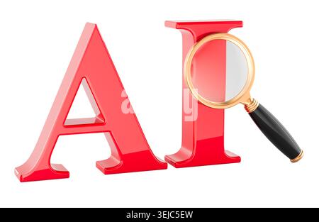 Artificial intelligence search with magnifying glass. 3D rendering isolated on white background Stock Photo