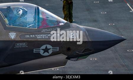 Arabian Sea, International Waters. 22 May, 2026. A U.S. Marine Corps F-35B Lightning II stealth fighter aircraft assigned to Green Knights of Marine Fighter Attack Squadron 121, prepares for a vertical take off from the flight deck of the America-class amphibious assault ship USS Tripoli taking part in the blockade of Iran, May 22, 2026 in the Arabian Sea. Credit: US Navy/U.S. Navy/Ģ����ý Live News Stock Photo
