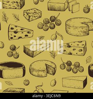 Seamless pattern with various cheeses in vintage engraving style. Hand-drawn ink sketch. Vector illustration Stock Vector