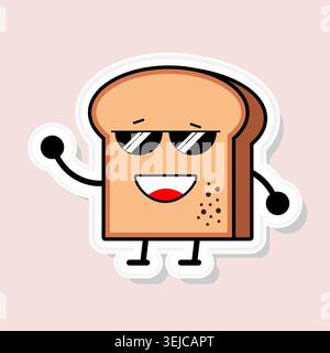 Cute cartoon bread slice with sunglasses and smile, flat vector sticker on pink background Stock Vector