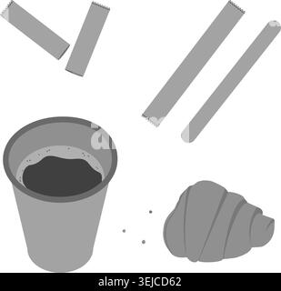 Coffee take away Set in grayscale. Deposable cup, sugar and stirring stick, bitten croissant Minimal. Isolated Vector illustration Coffee or breakfast Related content Sticker Icon for post, web, menu Stock Vector